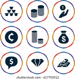Treasure icons set. set of 9 treasure filled icons such as gem, Money sack, coin, gold bar, coin on hand, dollar sign in cloud