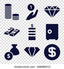Treasure icons set. set of 9 treasure filled icons such as gem, coin, dollar coin, money bag, safe