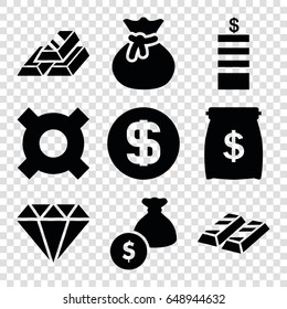 Treasure icons set. set of 9 treasure filled icons such as coin, dollar coin, money bag, gold bar, money sack, sack, gem, illustrgeneric currencyation