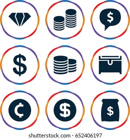 Treasure icons set. set of 9 treasure filled icons such as gem, coin, chest, coin, dollar coin, money sack