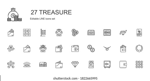 treasure icons set. Collection of treasure with safebox, coin, diamond, wallet, chest, gold, coins, necklace, pirate, signs. Editable and scalable treasure icons.
