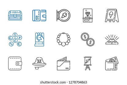 treasure icons set. Collection of treasure with wallet, sign, pirate, gold, coins, necklace, coin, diamond, chest. Editable and scalable treasure icons.