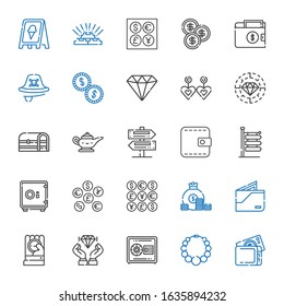 treasure icons set. Collection of treasure with wallet, necklace, safebox, diamond, coin, coins, signs, magic lamp, chest, earrings, pirate. Editable and scalable treasure icons.
