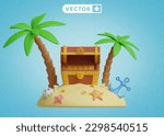 treasure island 3D vector icon set, on a blue background
