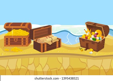 Treasure island with chest and gold coins and jewellery banner vector illustration. Expensive accessories such as crown, stones, diamands on sand near ocean or sea water.