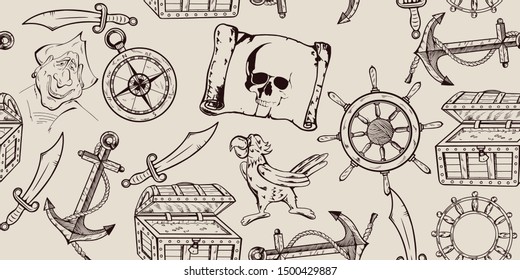 Treasure Island. Filibuster, pirate, sea robber set of illustrations. Sea dog seamless pattern. Can be used for t shirt print, fashion design, vector illustration.