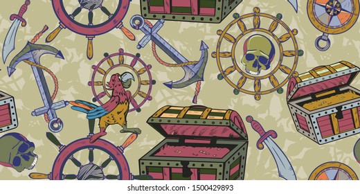 Treasure Island. Filibuster, pirate, sea robber set of illustrations. Sea dog seamless pattern. Can be used for t shirt print, fashion design, vector illustration.