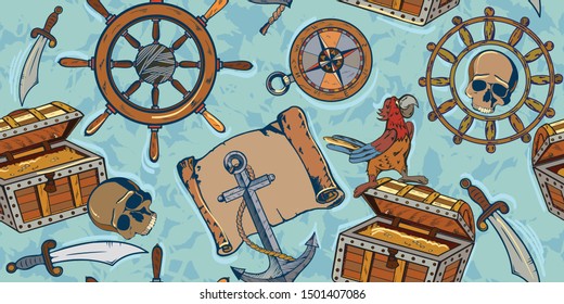 Treasure Island. Filibuster, pirate, sea robber set of illustrations. Sea dog seamless pattern. Can be used for t shirt print, fashion design, vector illustration.