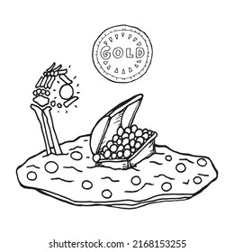 Treasure island hand drawn outline pen drawing. Old case full of gold with bone hand that holding one coin. Pirate treasure land full of jewels cartoon decoration. Gold hidden pirate chest drawing.