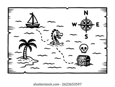Treasure Island map. Doodle style. Vector hand drawing