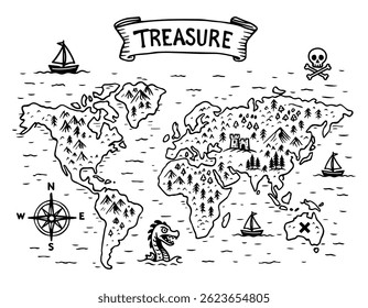 Treasure Island map. Doodle style. Vector hand drawing