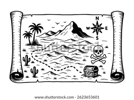 Treasure Island map. Doodle style. Vector hand drawing
