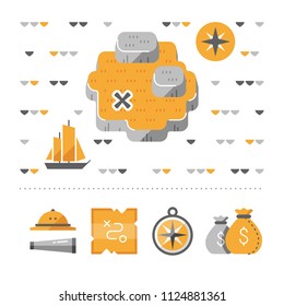 Treasure Island Map, Odyssey Concept, Deserted Island, Adventure Quest, Compass And Money Sack Vector Icons, Pirate Ship, Flat Illustration