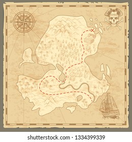 Treasure island map. Retro wallpaper vintage islands map nautical travel background with compass ship adventure pirate vector concept