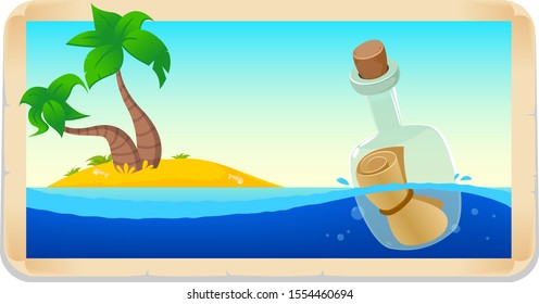 treasure island with the message in a bottle. Small uninhabited island. vector illustration