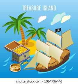Treasure island with palm trees, pirate sail boat, chest of gold,  isometric game background vector illustration