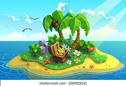 treasure Island with palms and flowers. Vector tropical plants.