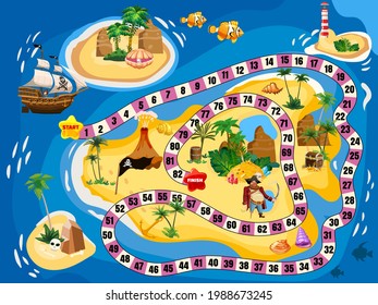 Treasure Island Pirate Board Game Map. Ocean Route Travel Adventure Pirate Naval Ship, Pile Gold Treasure, For Kids. Vector Illustration