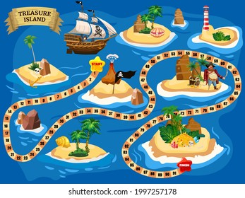 Treasure Island Pirate Board Game Map, Ocean Route. Travel adventure pirate naval ship, pile gold treasure, for kids. Vector illustration