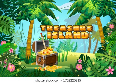 Treasure Island Pirate chest full of gold coins gems crown sword. Jungle tropical forest palms different exotic plants leaves, flowers, lianas, flora, rainforest landscape background. For design game