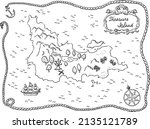 Treasure island pirate map, antique, illustrated with ink, vector.