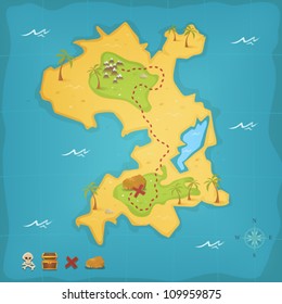 Treasure Island And Pirate Map/ Illustration of a cartoon treasure island and its map, with skull and cross bones, pirate chest and compass
