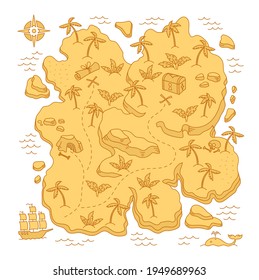 Treasure Island. Pirates Isle adventure. Sea ship. Board game chest map. Vector cartoon line. Open paths. Editable outline.