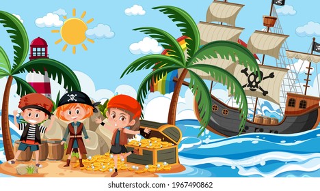 Treasure Island scene at daytime with Pirate kids ,illustration