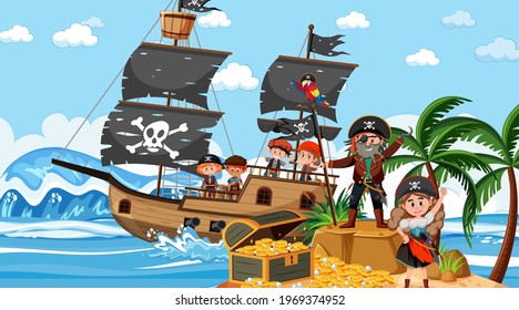 Treasure Island scene at daytime with Pirate kids illustration