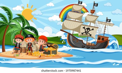 Treasure Island scene at daytime with Pirate kids illustration