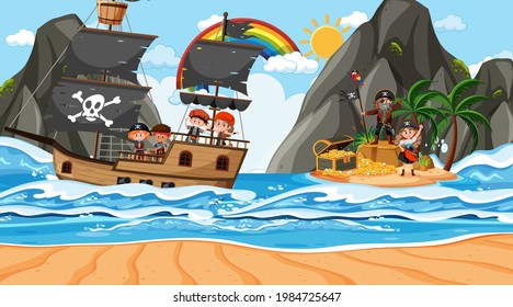 Treasure Island scene at daytime with Pirate kids on the ship illustration