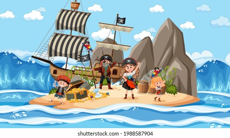 Treasure Island scene at daytime with Pirate kids illustration