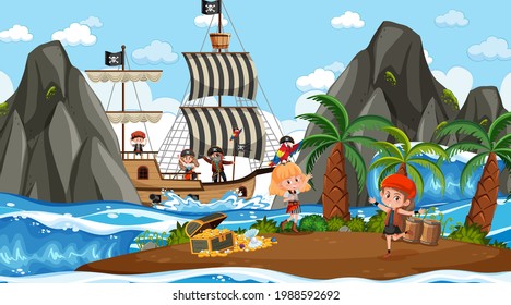 Treasure Island scene at daytime with Pirate kids illustration