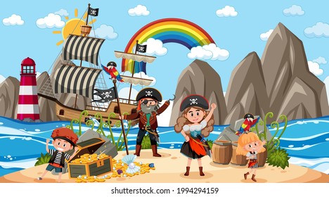 Treasure Island scene at daytime with Pirate kids illustration
