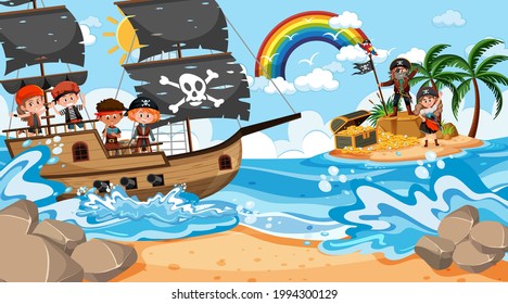 Treasure Island scene at daytime with Pirate kids on the ship illustration