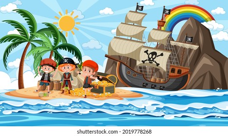 Treasure Island scene at daytime with Pirate kids illustration