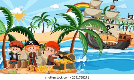 Treasure Island scene at daytime with Pirate kids illustration