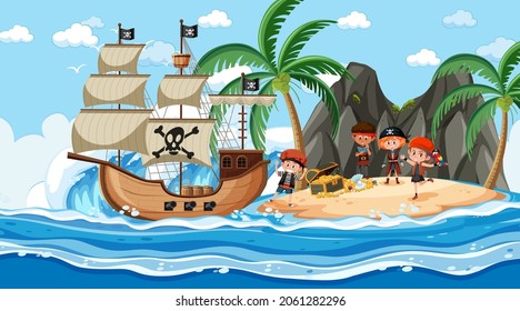 Treasure Island scene at daytime with Pirate kids illustration