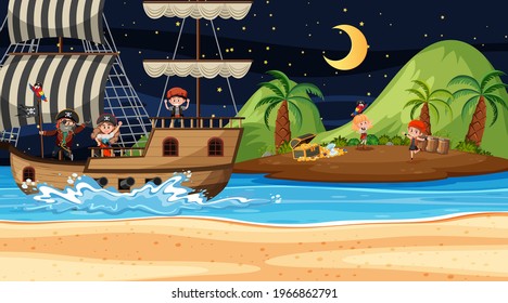 Treasure Island scene at night with Pirate kids on the ship illustration
