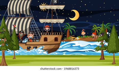 Treasure Island scene at night with Pirate kids on the ship illustration