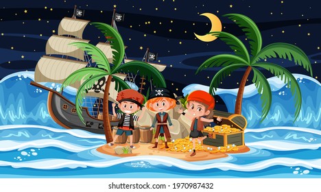 Treasure Island scene at night with Pirate kids illustration