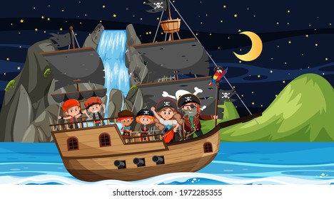 Treasure Island scene at night with Pirate kids on the ship illustration