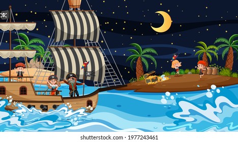 Treasure Island scene at night with Pirate kids on the ship illustration