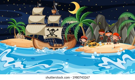 Treasure Island scene at night with Pirate kids illustration