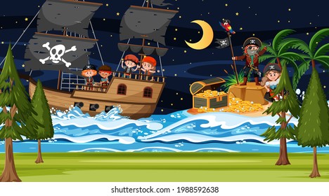 Treasure Island scene at night with Pirate kids on the ship illustration