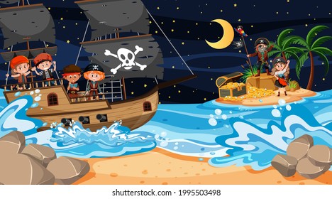 Treasure Island scene at night with Pirate kids on the ship illustration