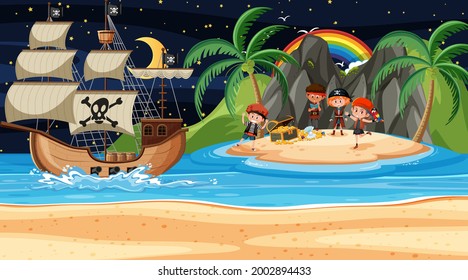 Treasure Island scene at night with Pirate kids illustration