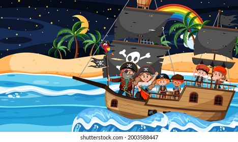 Treasure Island scene at night with Pirate kids on the ship illustration