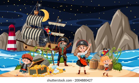 Treasure Island scene at night with Pirate kids illustration