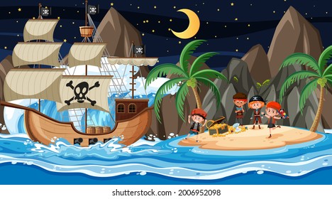 Treasure Island scene at night with Pirate kids on the ship illustration